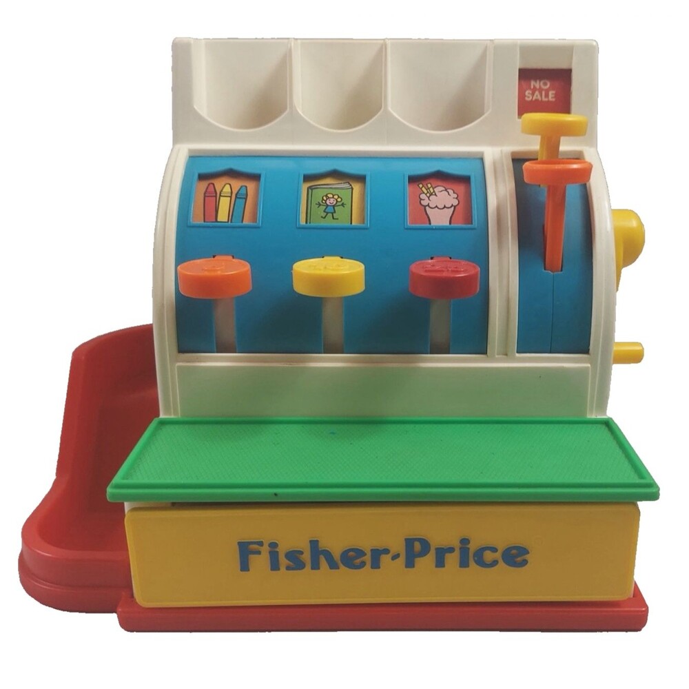 1990 Fisher-Price Toy Cash Register with 6 Coins #2044 Vintage
